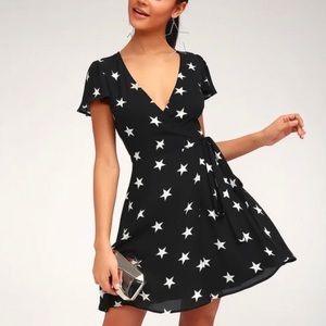 Lulus Brand New Wrap Black Dress with White Stars